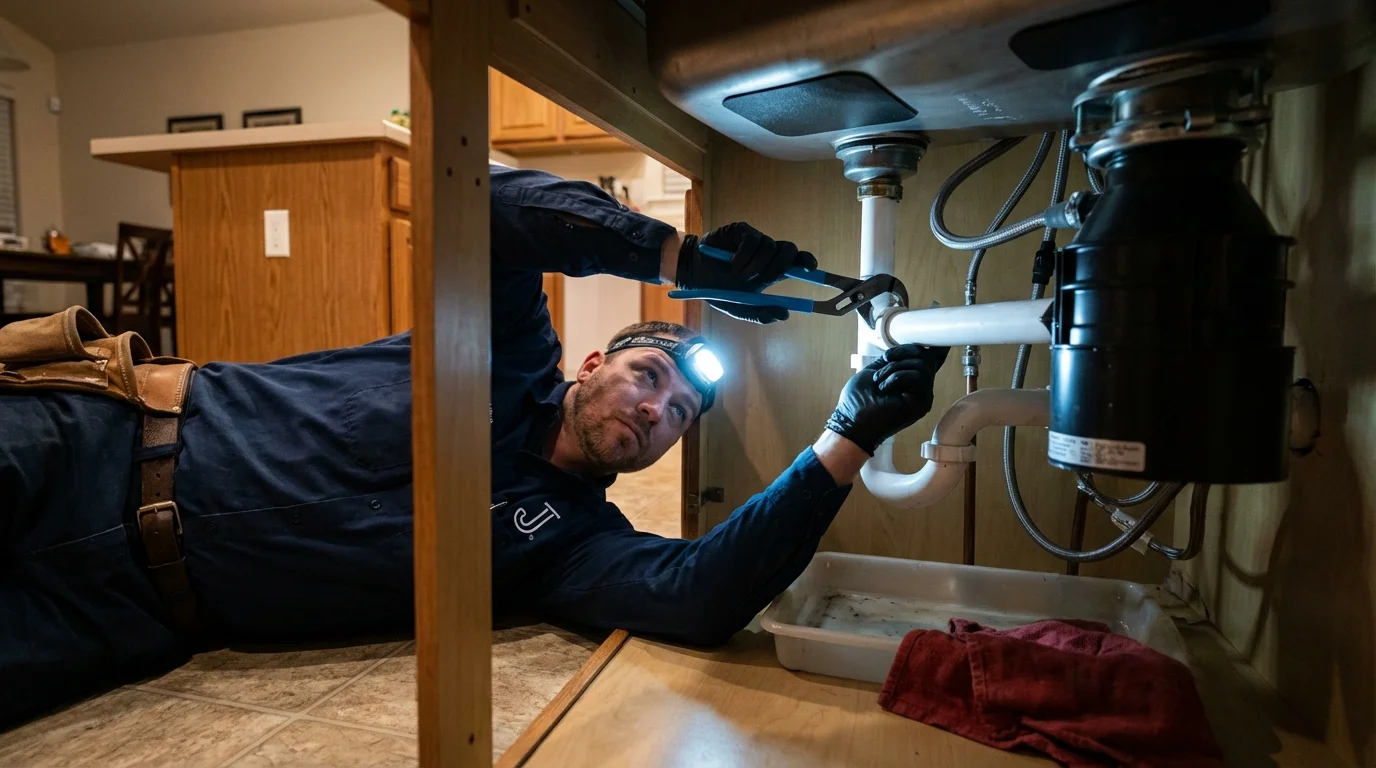 P-trap and supply line connections under a kitchen sink showing a common leak point in Newport, NC